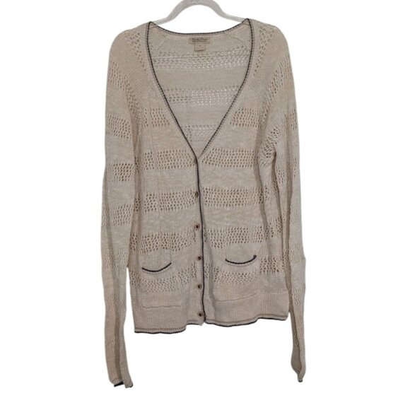 Lucky Brand Crochet Cardigan Womens Size XL Beige Neutral Boho V Neck Sweater - Picture 1 of 10
